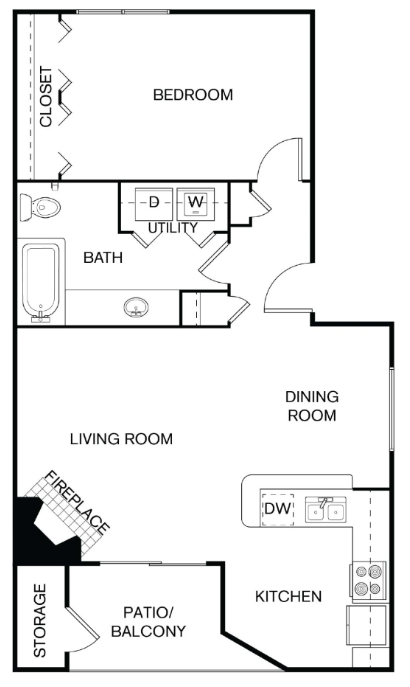 A floor plan of a home with a bedroom, living room, kitchen, and storage.